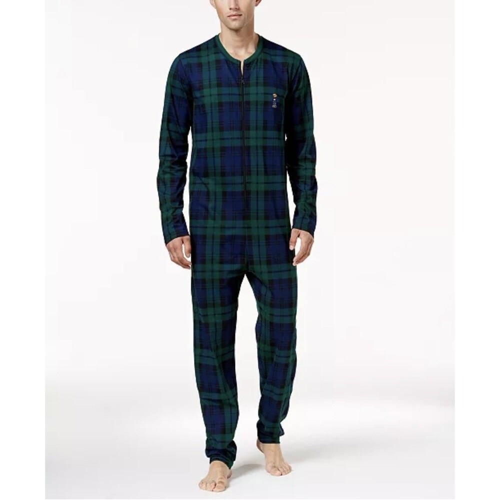 Polo Ralph Lauren Cotton Jumpsuit Pajamas Mens Size M Plaid Polo Bear Zip Front